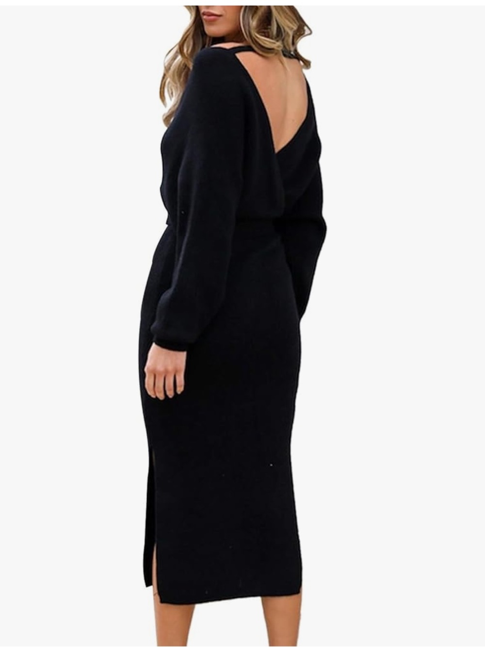 Viottiset Black Women's Wrap Midi Dress - Elegant V-Neck